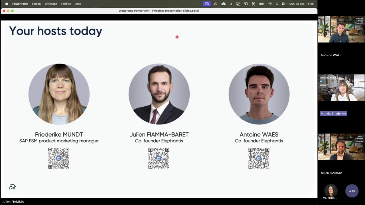 Webinar Elephantis « Unlock the Power of SAP FSM Extensions » (octobre 2025) : la diapositive de présentation des trois intervenants, Friederike Mundt pour SAP, Julien Fiamma-Baret et Antoine Waes pour Elephantis.