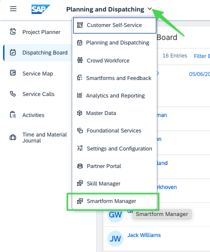 Menu contextuel de SAP FSM après installation : « Smartform Manager » apparaît encadré en bas de la liste des écrans disponibles.