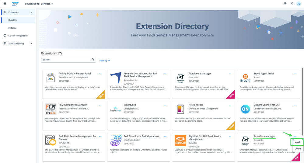 Extension Directory de SAP FSM affichant dix-sept extensions ; celle d'Elephantis, Smartform Manager, est en bas à droite, son menu ouvert sur les options Install et Details.
